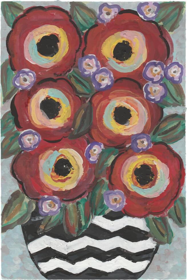 a painting of red flowers in a striped vase watercolor vector