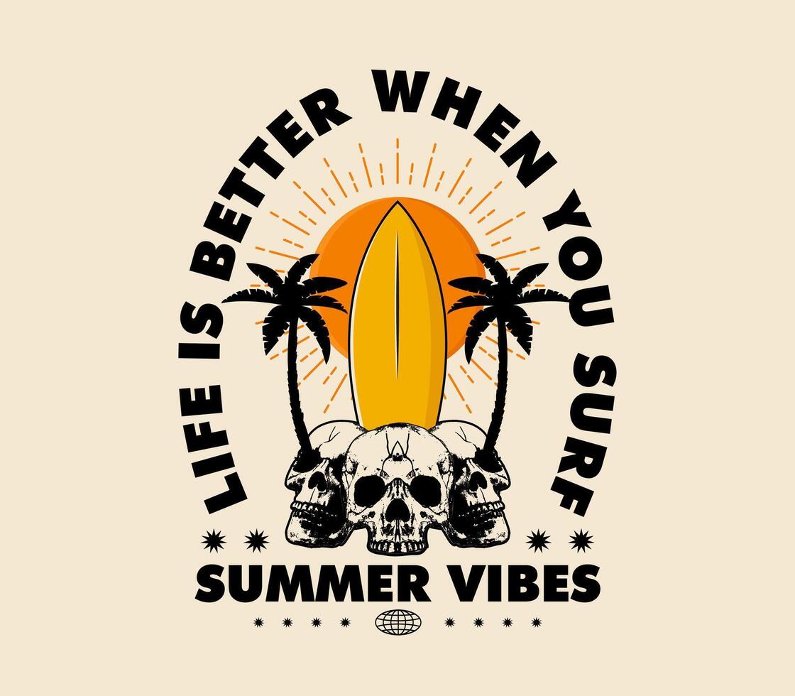 Summer vibes with skull and surfboard design for streetwear t-shirts, hoodies, and apparel vector