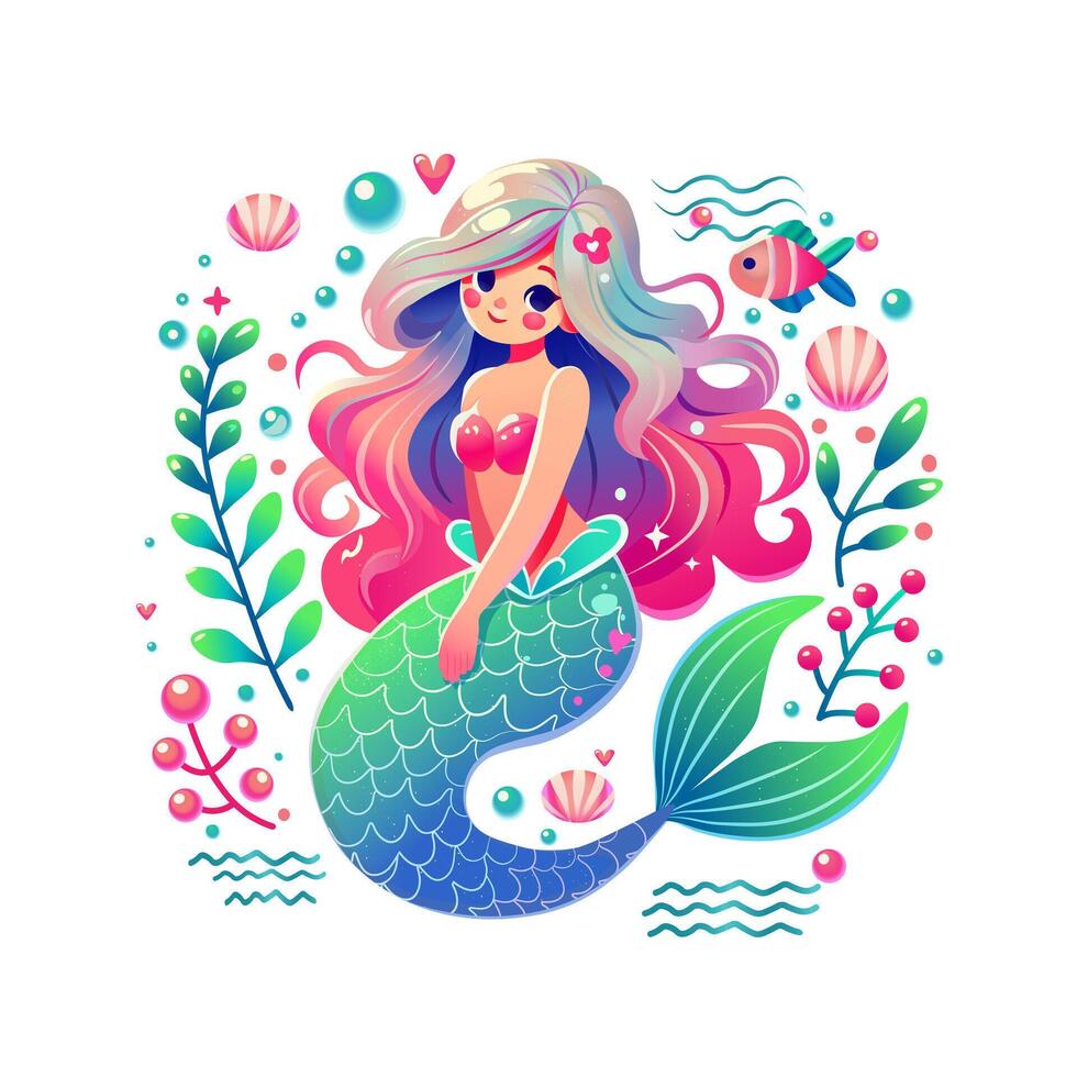 Mermaid illustration with colorful hair and fish vector