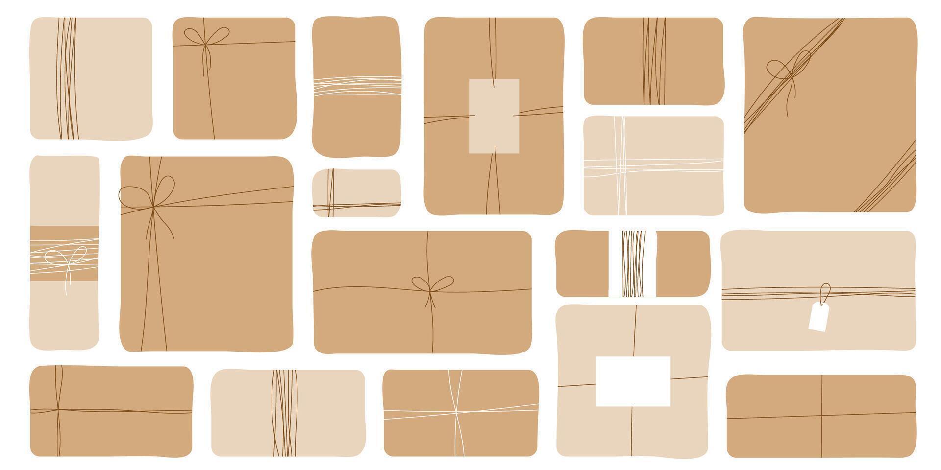 Flat illustration of a gift box with craft wrapping and a white and brown bow on white background. vector