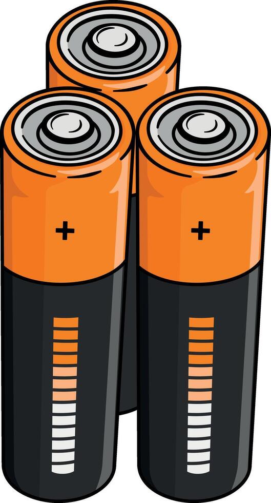 three pieces AA battery without background with black outline vector