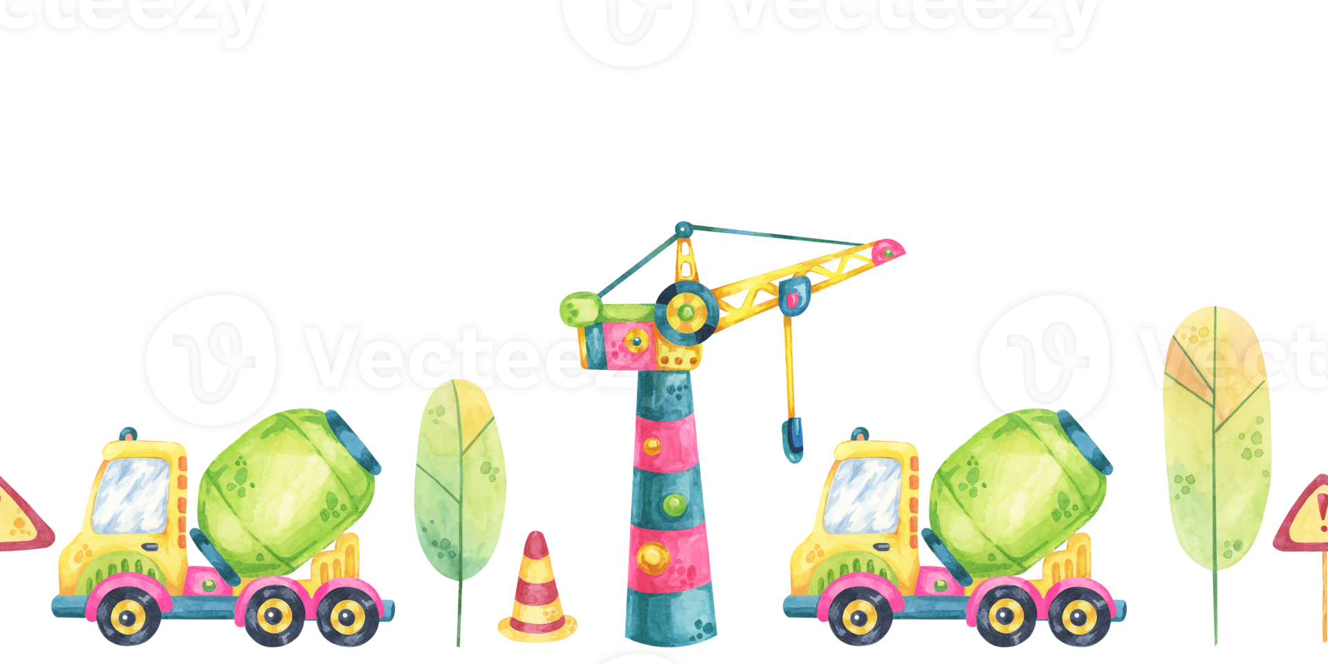 Construction cranes, cement mixers, and orange traffic cones. Seamless border construction site, toys watercolor clipart. Great for web design, construction-themed prints, or party decor png