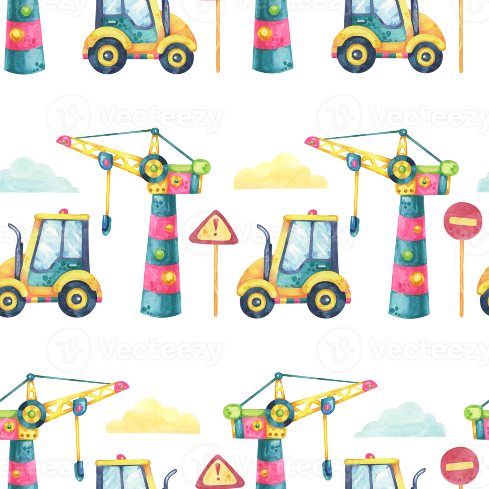 Yellow forklifts and cranes in a seamless watercolor pattern with construction signs and clouds. Suitable for use on childrens fabric, tote bags, or themed party invitations. Building site clipart png