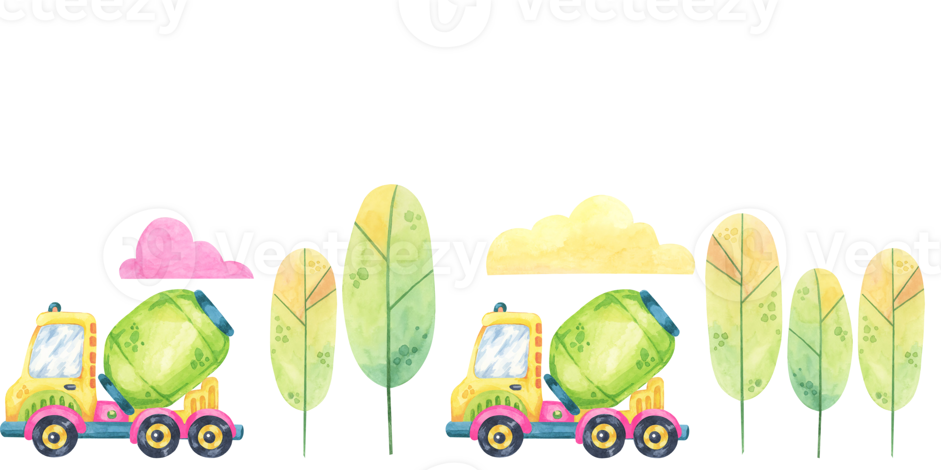 Green cement trucks, vibrant pink clouds, and lush trees. Seamless border construction site, toys watercolor clipart. Ideal for stationery, kids book illustrations, or eco-friendly merchandise designs png
