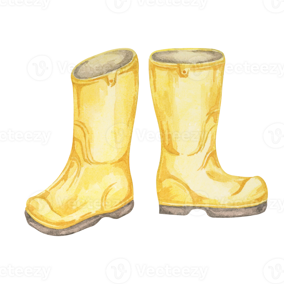 Yellow rubber boots. Gardening shoes, farmer footwear for spring or autumn. Watercolor clipart, perfect for garden designs, spring-themed merchandise, farm posters, fabric patterns, or gardening blogs png