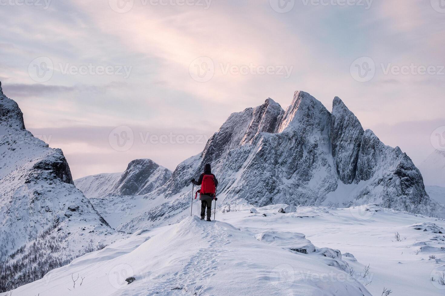 Traveler standing with hiking poles on top of Segla mountain in winter at Senja Island photo