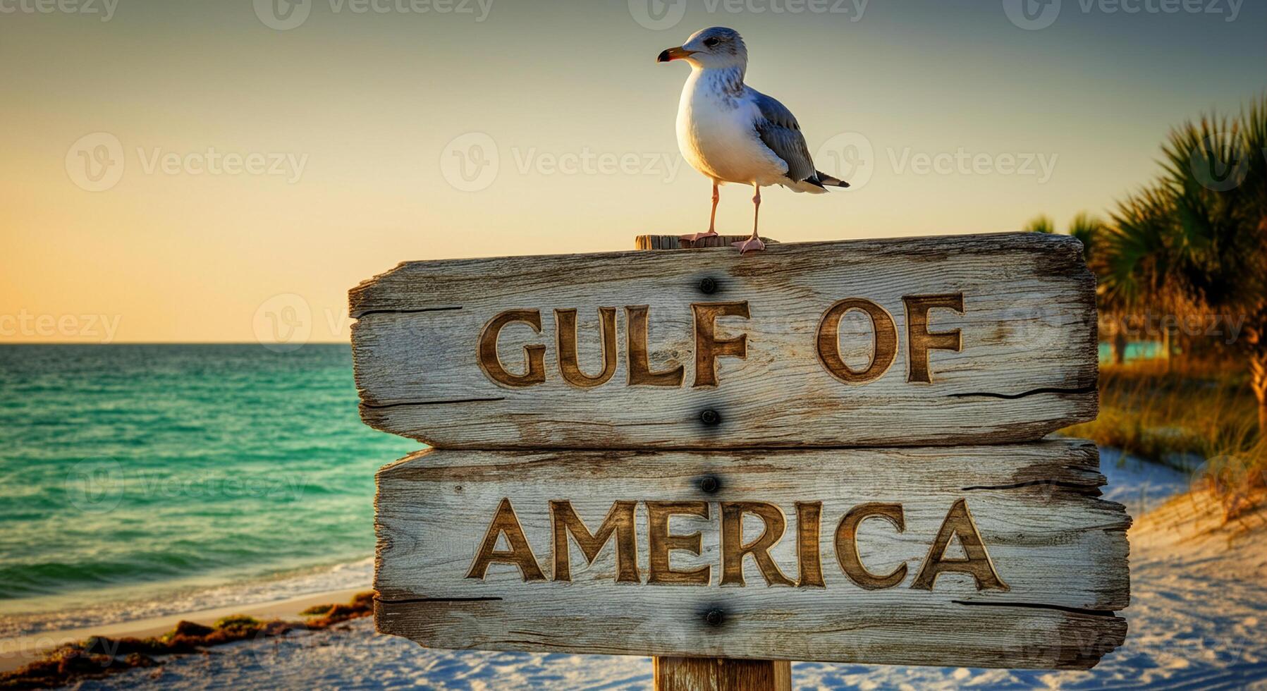 Seagull perched on Gulf of America sign at serene beach sunset photo