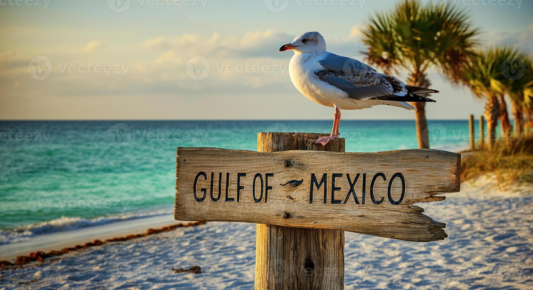 Seagull perched on beach sign near Gulf of Mexico with beautiful sunset lighting and serene ocean view photo