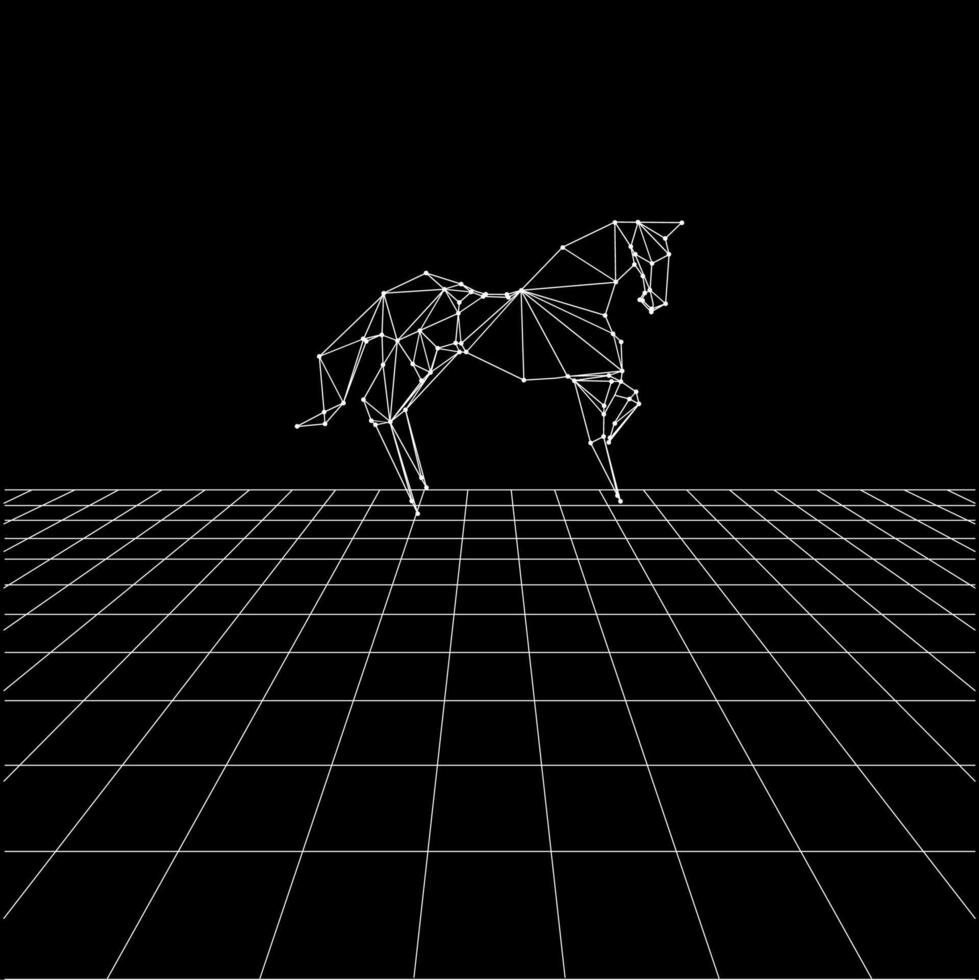 Horse polygonal lines on the Synthwave vaporwave, perspective grids, wireframe landscape background, laser grid in deep space. Editable vector