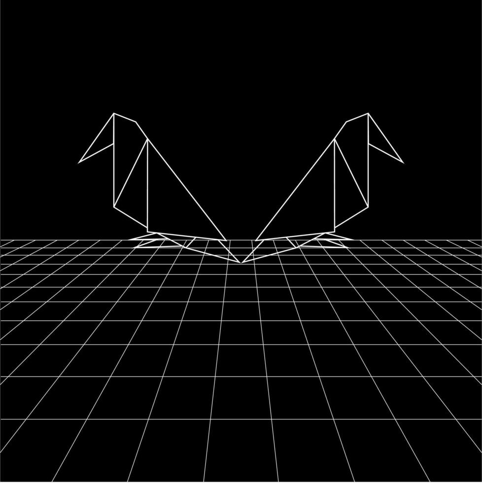 Bird polygonal lines on the Synthwave vaporwave, perspective grids, wireframe landscape background, laser grid in deep space. Flat and Editable vector