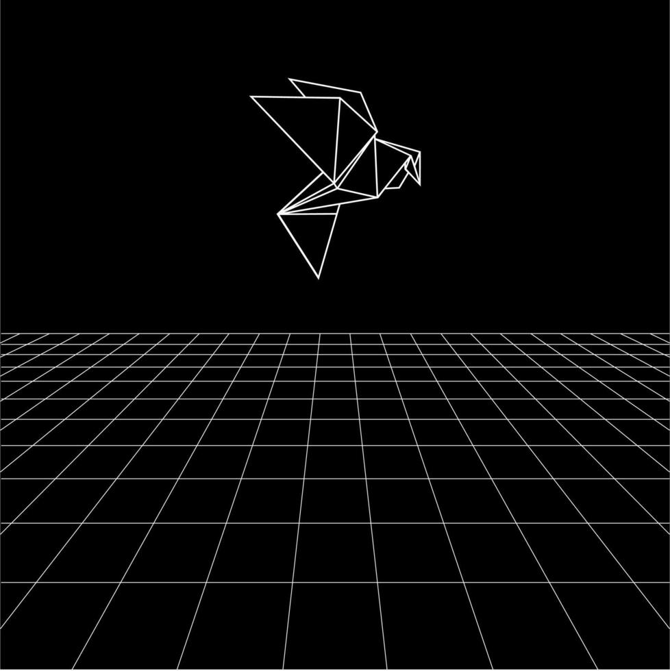 Bird polygonal lines on the Synthwave vaporwave, perspective grids, wireframe landscape background, laser grid in deep space. Editable and Flat vector