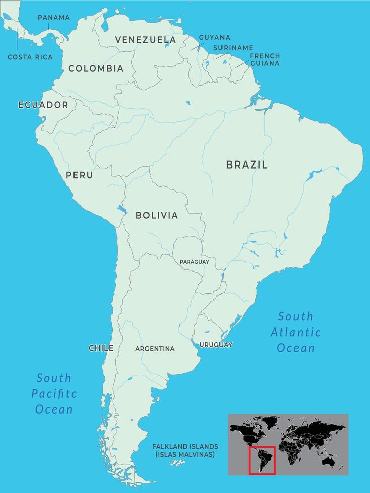 South America Political Map with Capitals, International Borders, and Pacific and Atlantic Oceans vector
