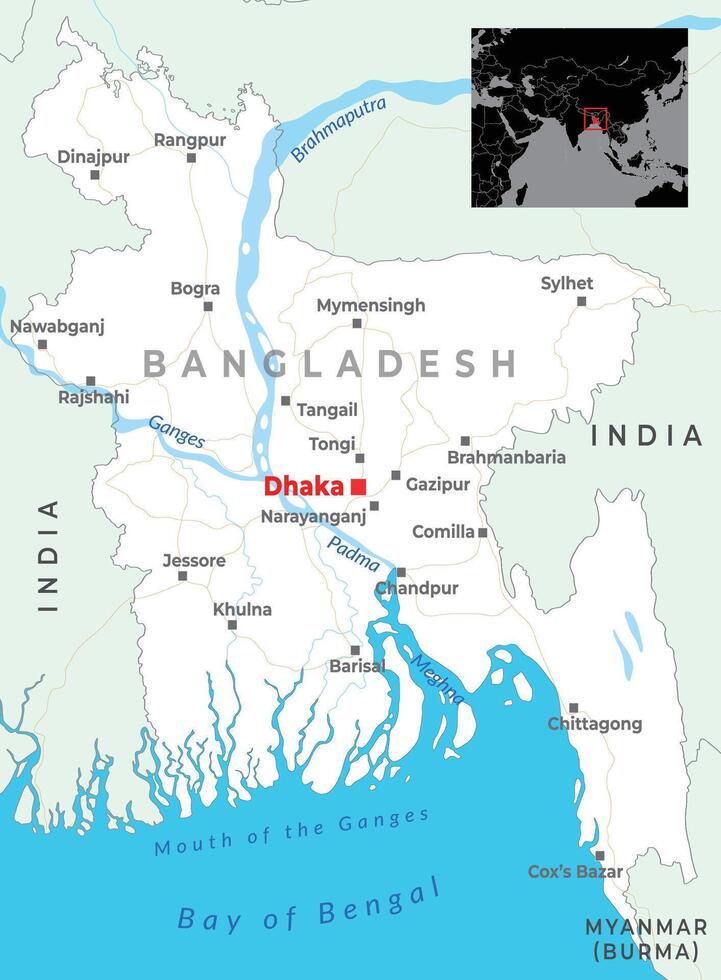 Bangladesh Map with Capital Dhaka, Major Cities, and National Borders Highlighted vector