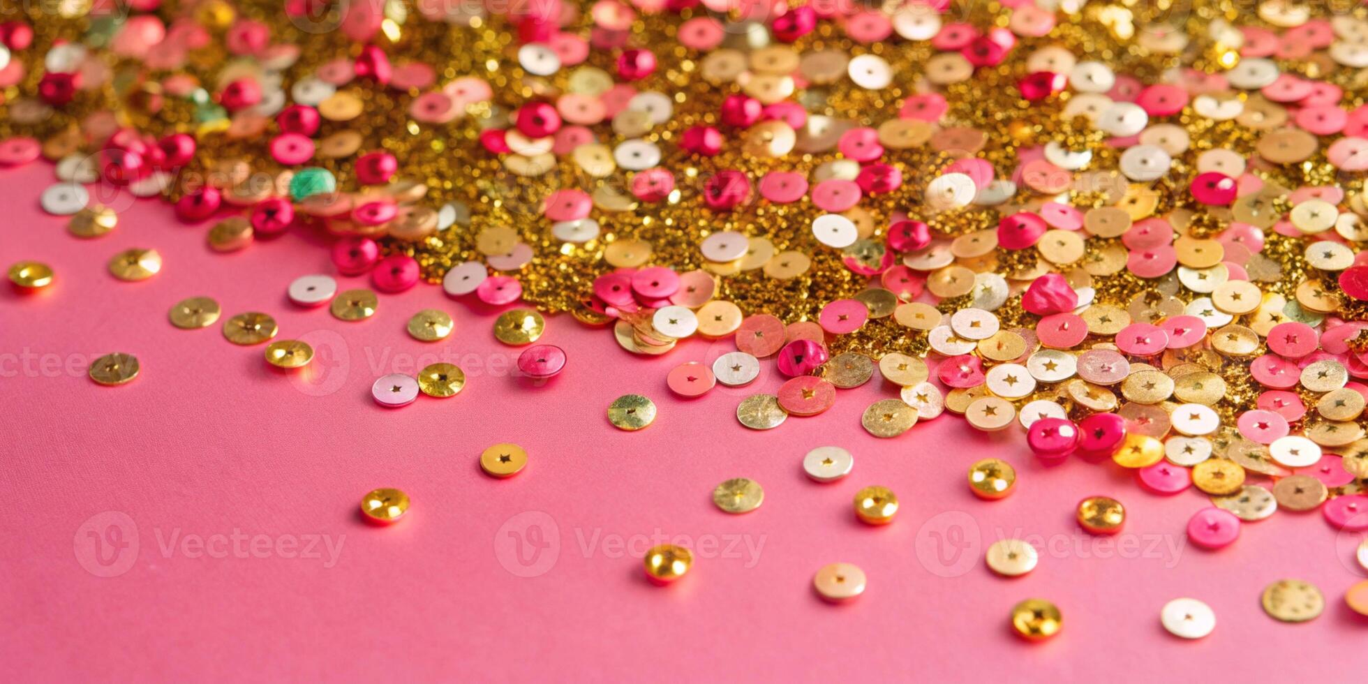 A Vibrant Display of Colorful Confetti and Sequins Set Against a Pink Background photo