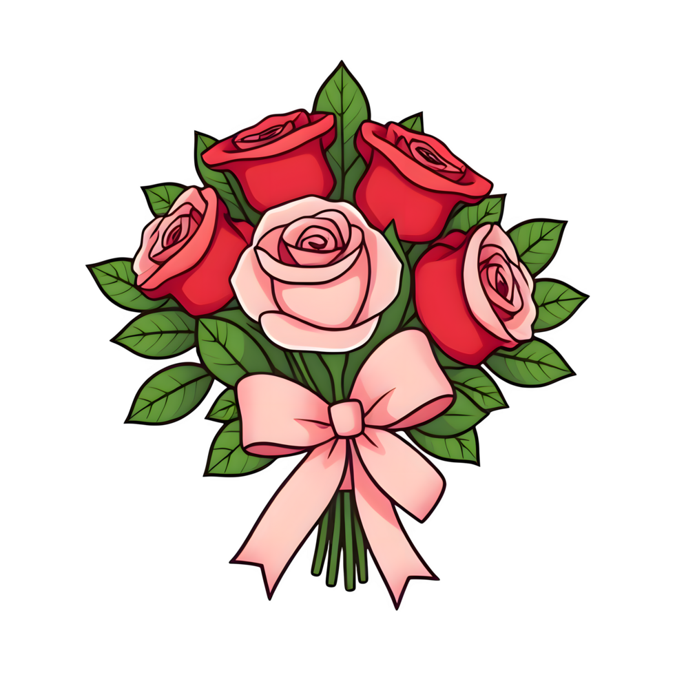Cartoon Bouquet Of Red And Pink Roses Tied With A Ribbon png