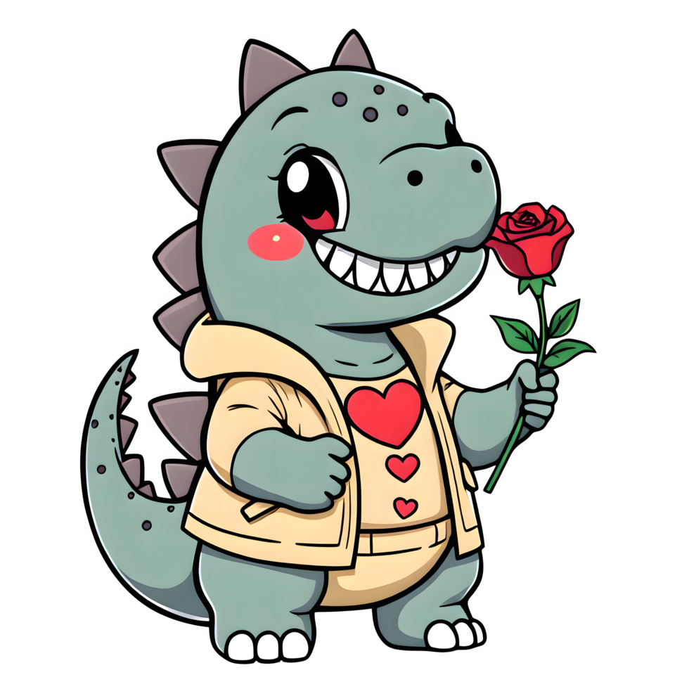Cartoon Godzilla With A Jacket Holding A Rose png