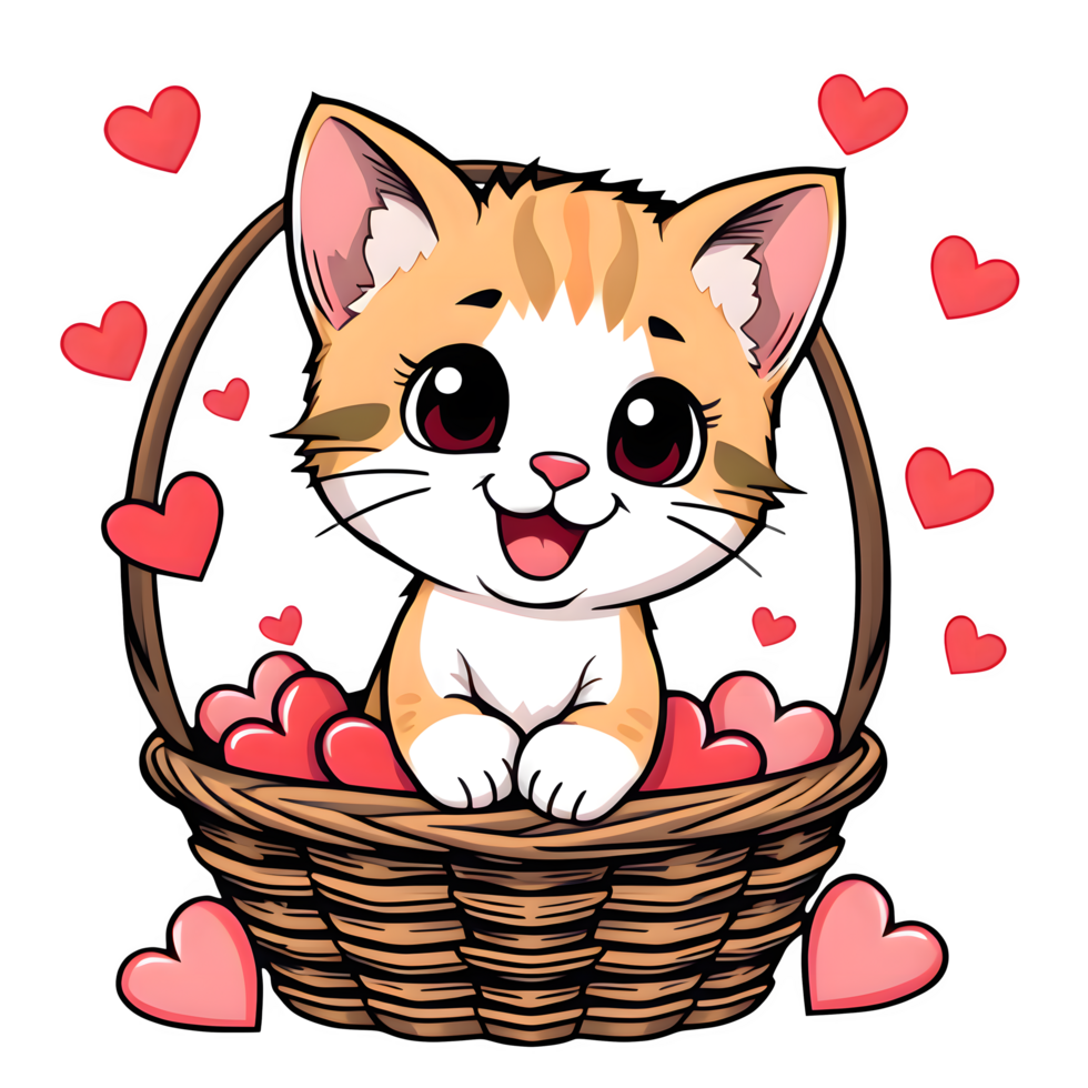 Cartoon Ginger Cat Inside A Basket Of Hearts png
