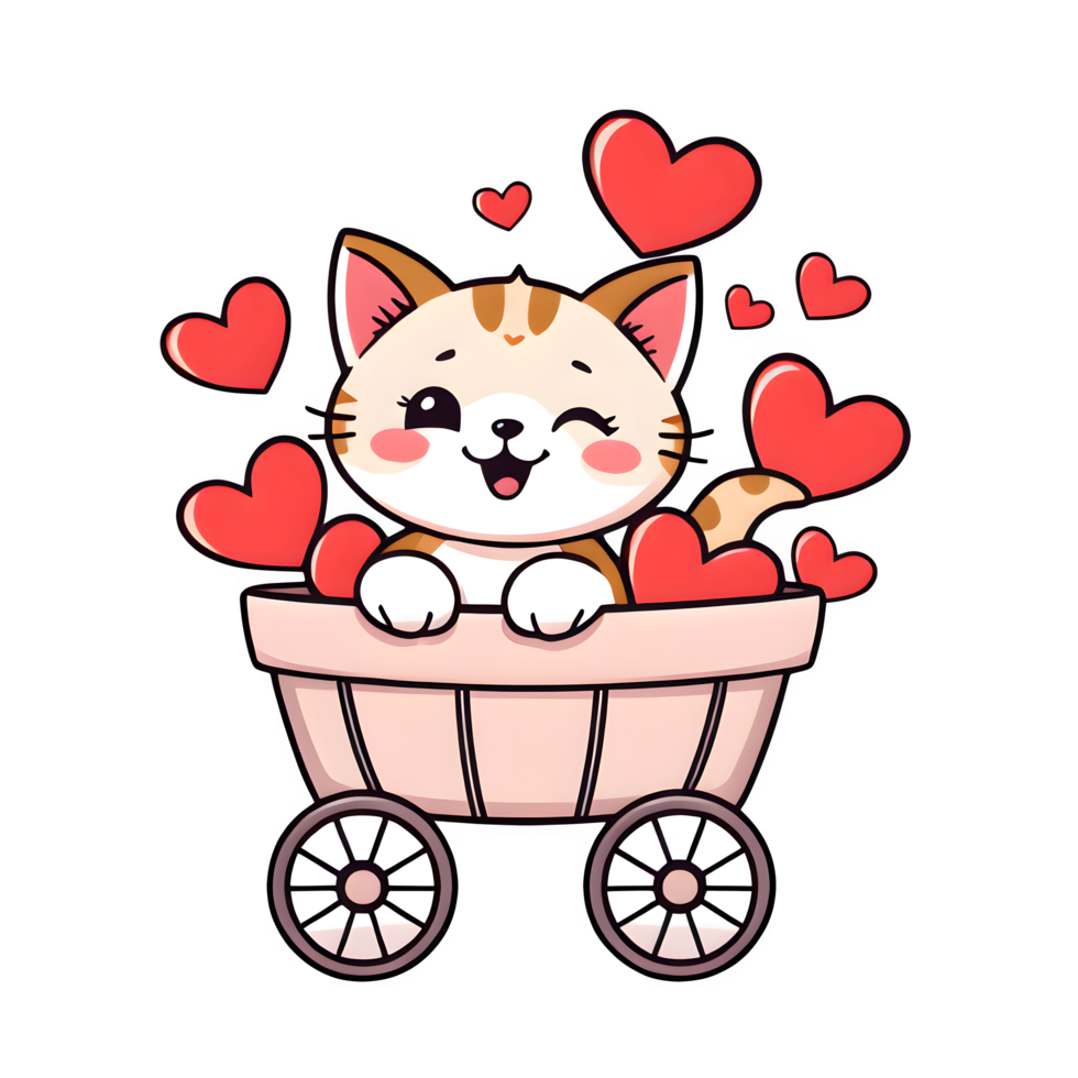 Cartoon Cat In A Cart Of Red Hearts png