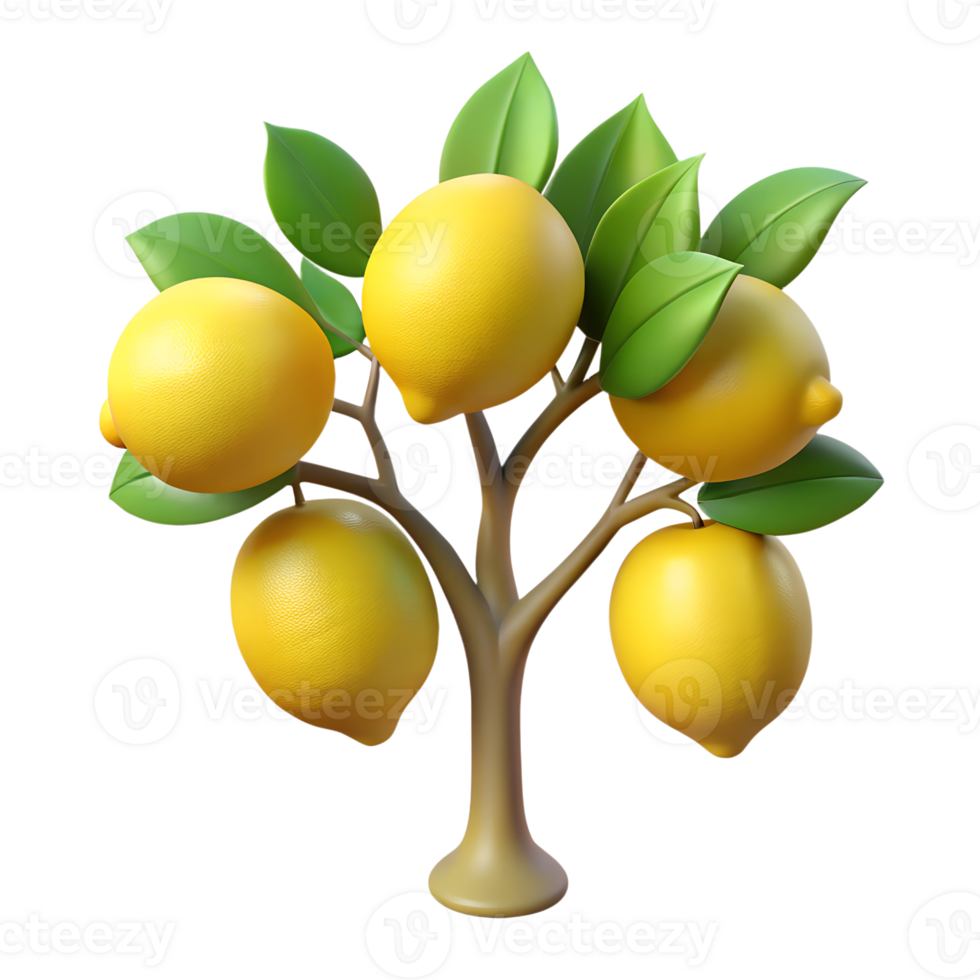Cartoon lemon tree with ripe yellow lemons 3d illustration isolated on the transparent background png