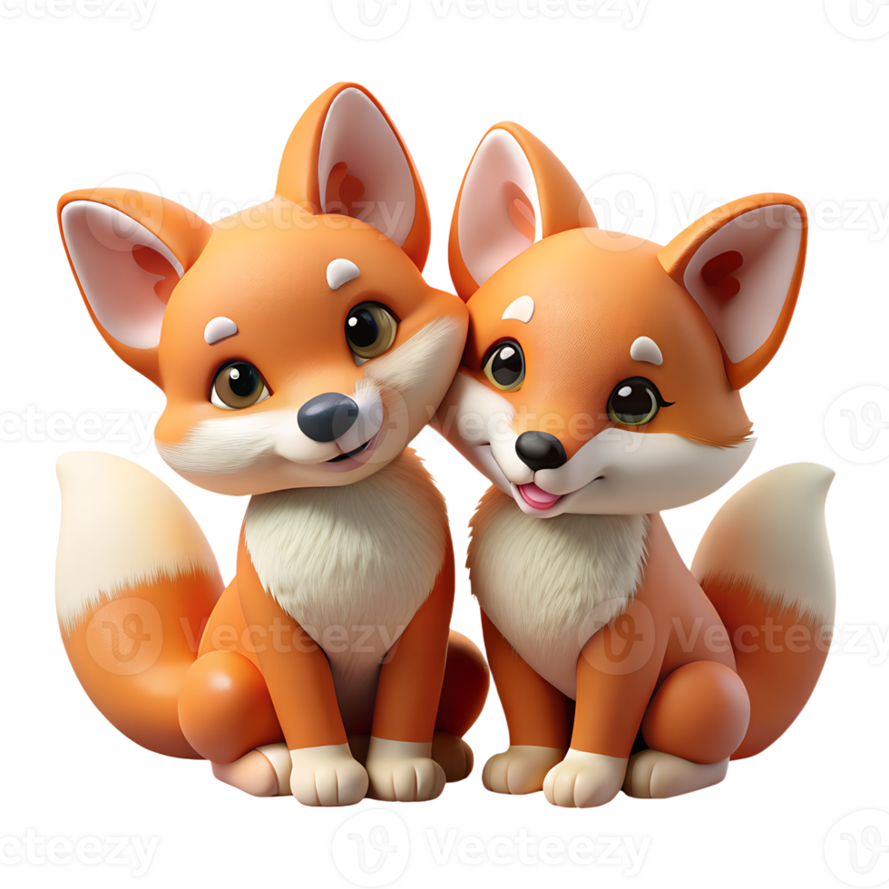 Couple of adorable cartoon red foxes 3d illustration isolated on the transparent background png