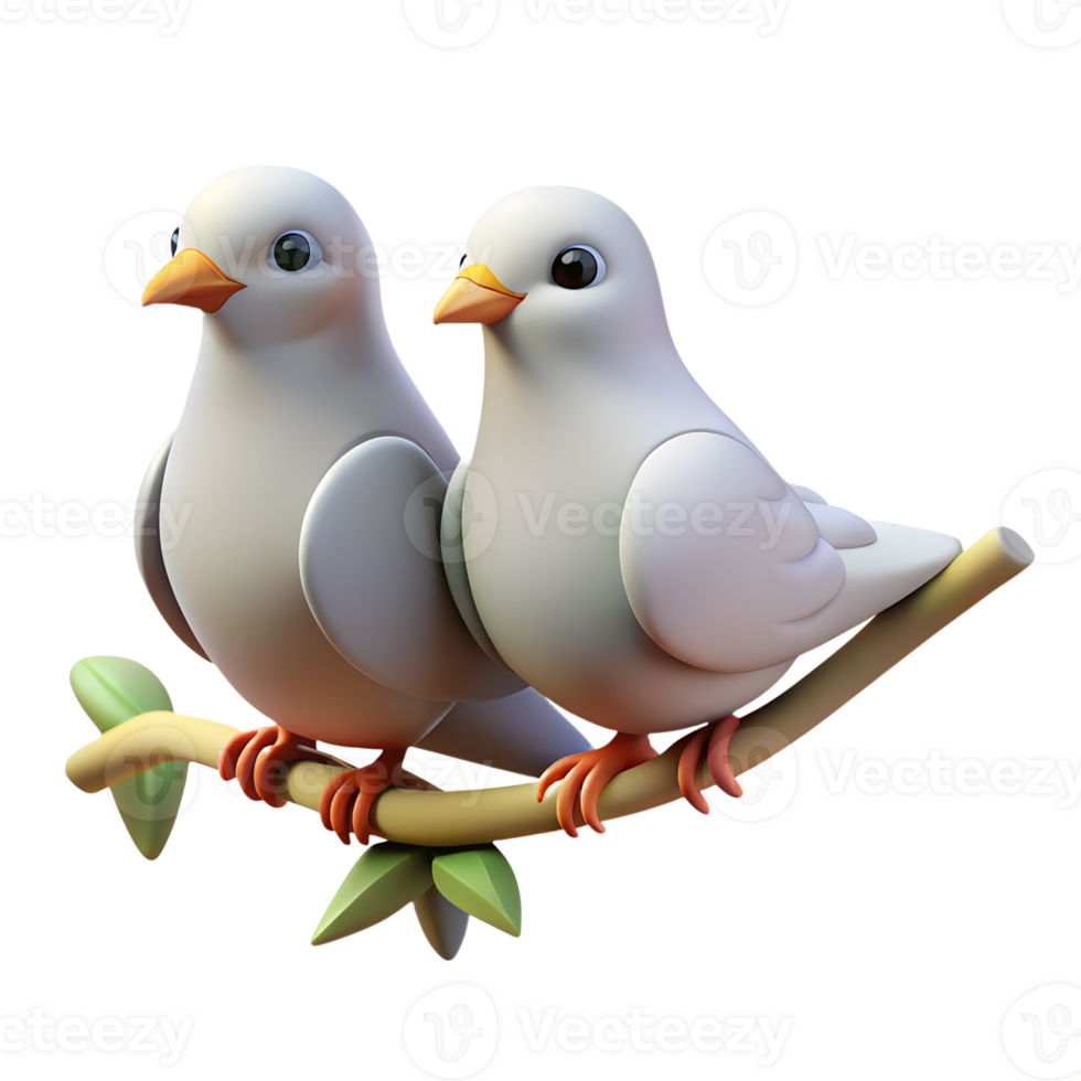 Pair of white doves sitting on a tree branch 3d illustration isolated on the transparent background png