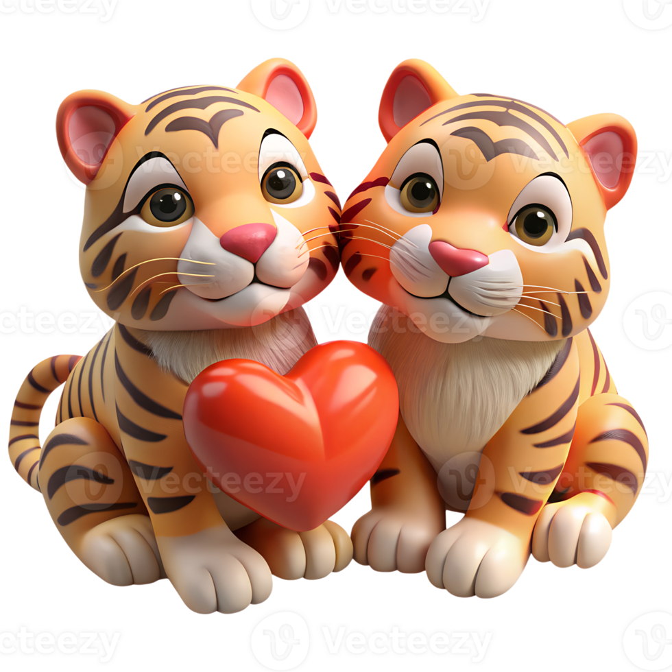 Couple of adorable cartoon tigers with big red heart 3d illustration isolated on the transparent background. Valentine's day png