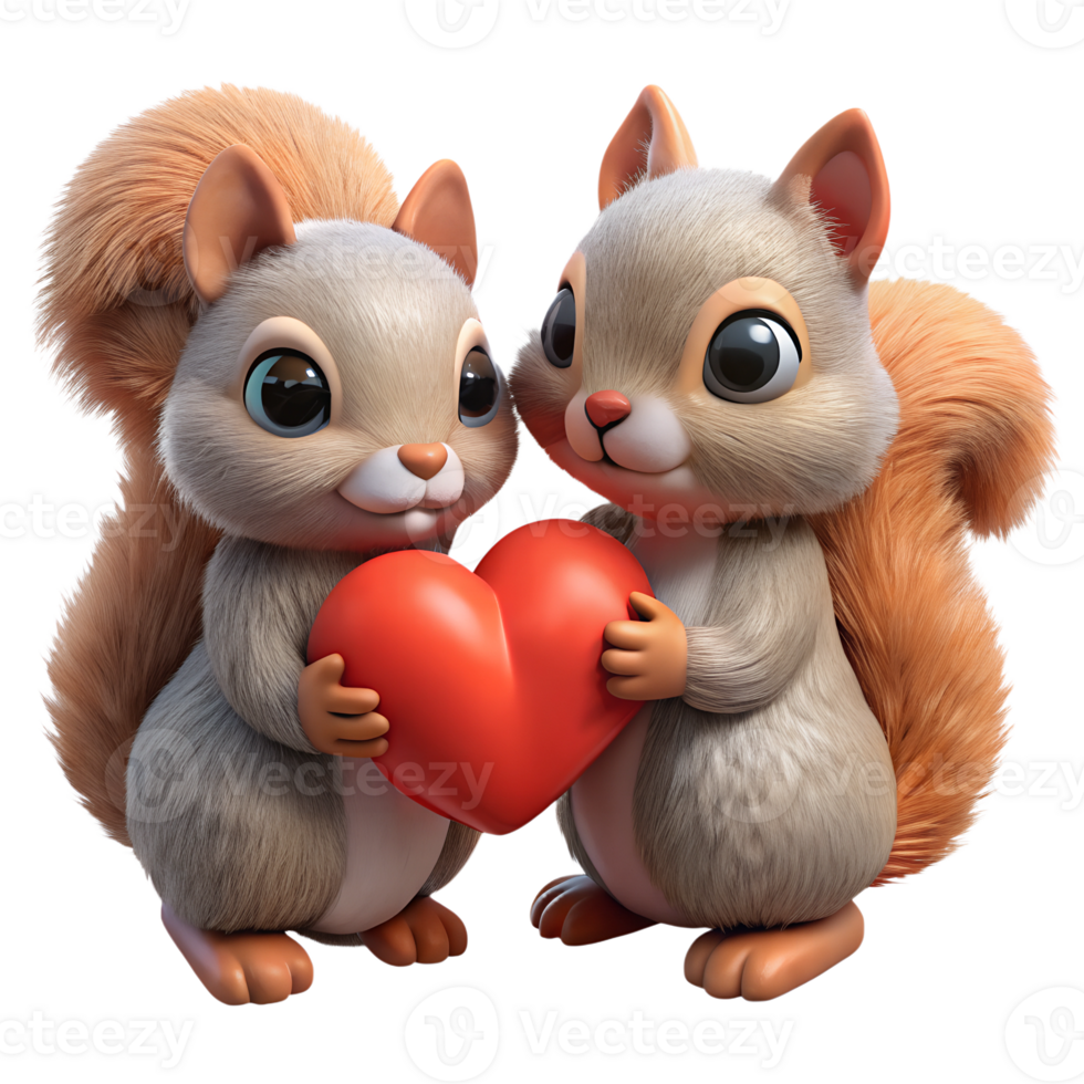 Couple of adorable cartoon furry squirrels holding big red heart 3d illustration isolated on the transparent background png