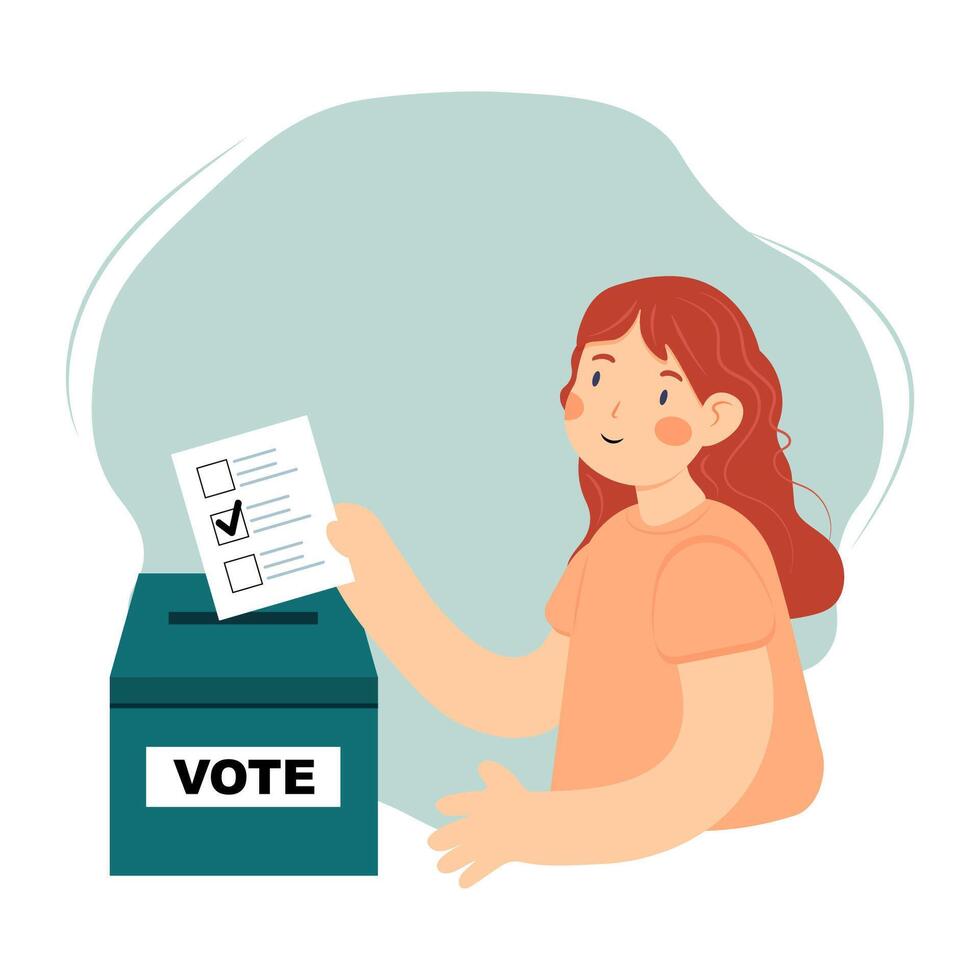 Voting concept. Girl putting ballot in the ballot box. vector