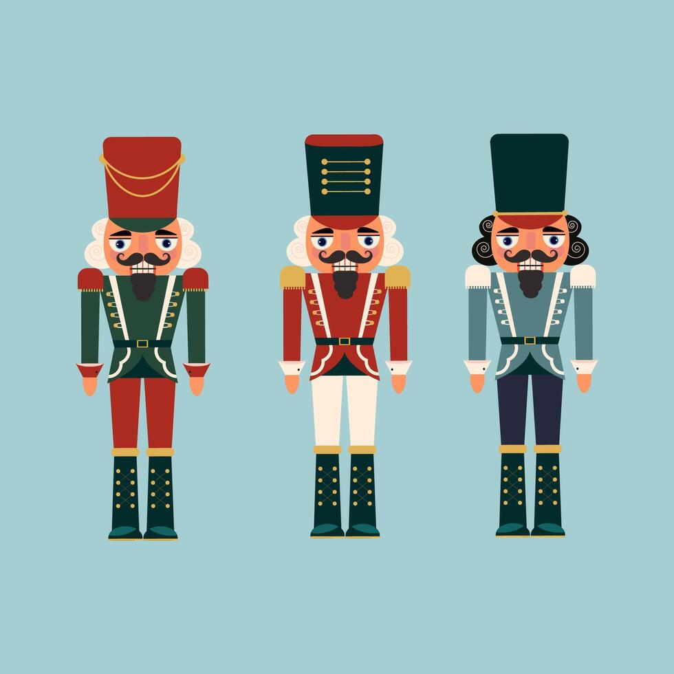 Set of Christmas Nutcracker toys soldier traditional figurine. vector