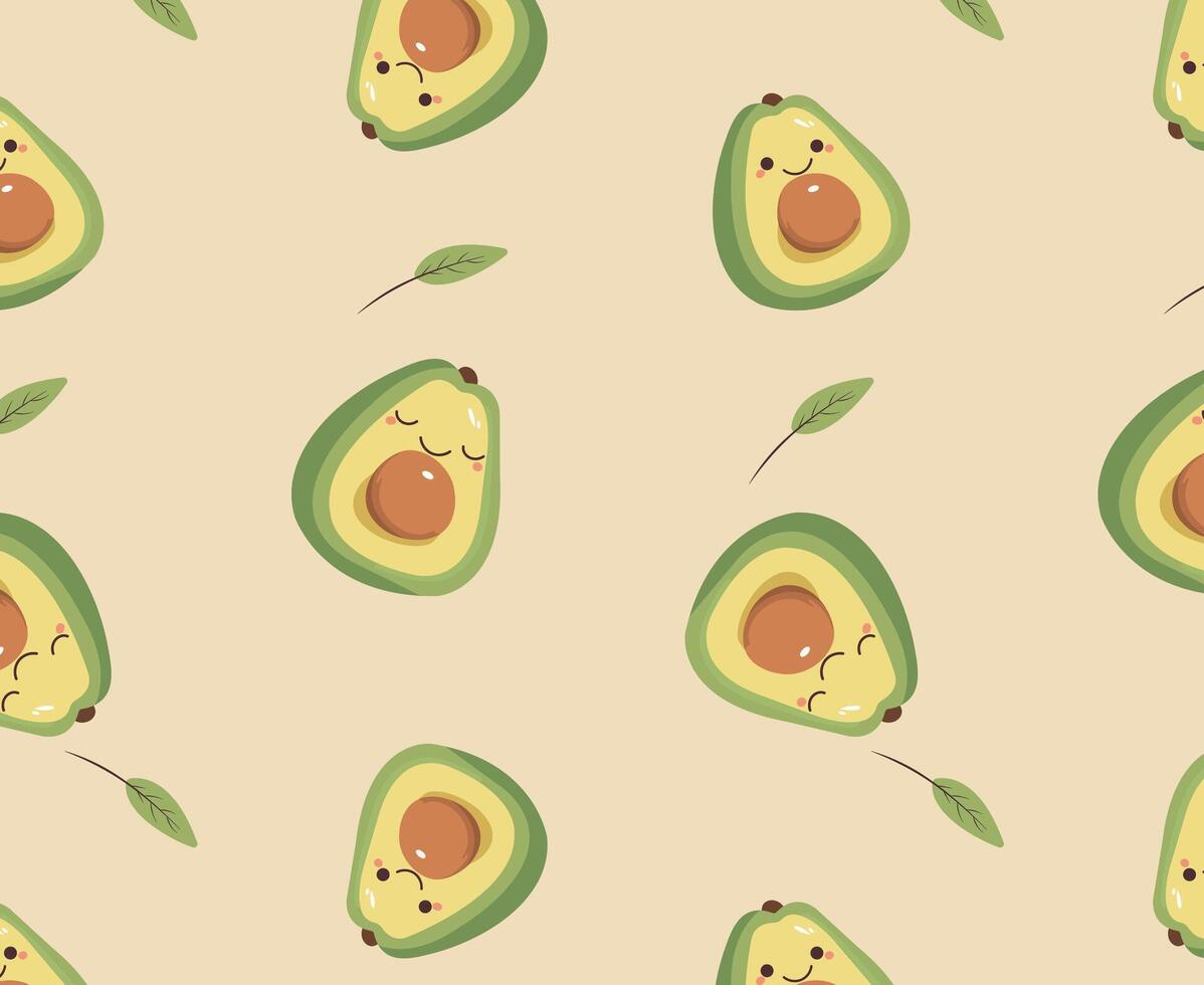 seamless pattern, cute cartoon avocado and leaves on a light background, wrapping paper vector