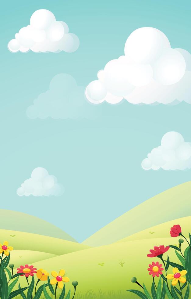 Beautiful landscape with flowers and clouds in the sky, vector