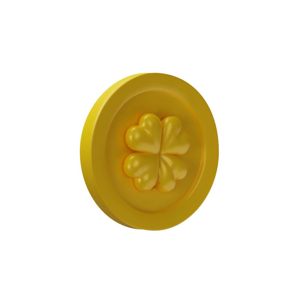 3d render clover coin 5. Symbol of luck. St. Patricks Day three-dimensional illustration. Money with shamrock leaf. Irish culture currency of wealth, success and fortune. Casino finance icon vector