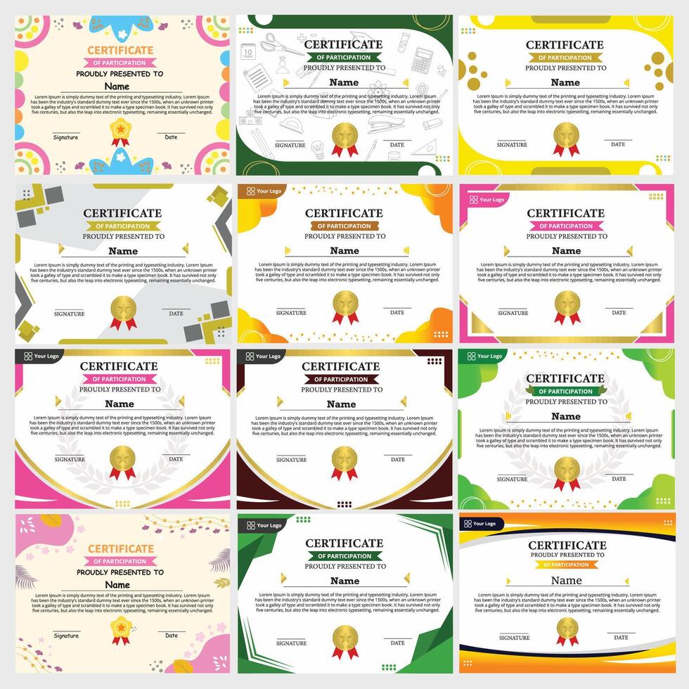 set of certificates with different types vector