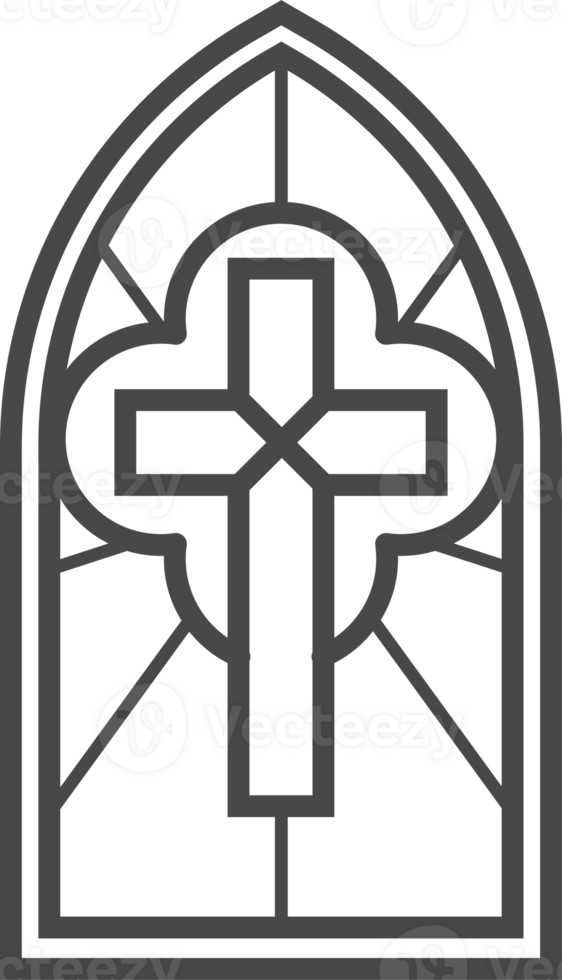 Church glass window with catholic cross. Gothic cathedral arch. Medieval stained frame. Silhouette of vintage architecture outline illustration png