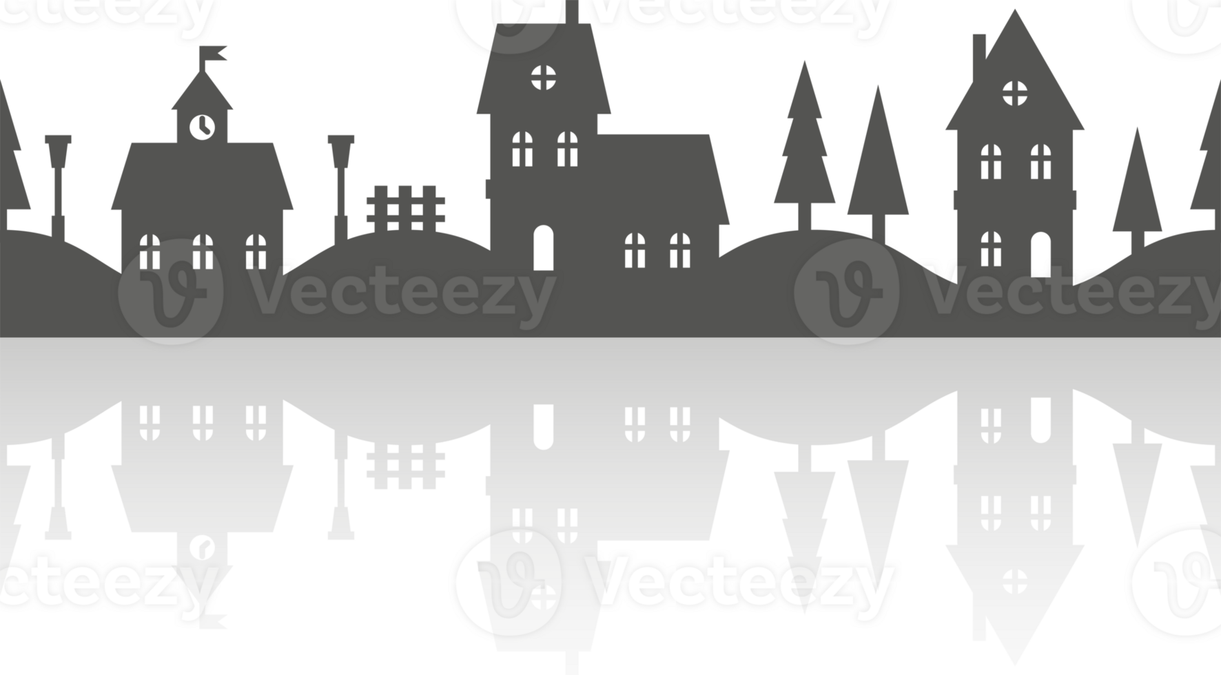 Silhouette of neighborhood houses. Small homes and buildings on skyline. Christmas town and village. Row of cottages on the street with fir trees and shadow. Seamless border. png