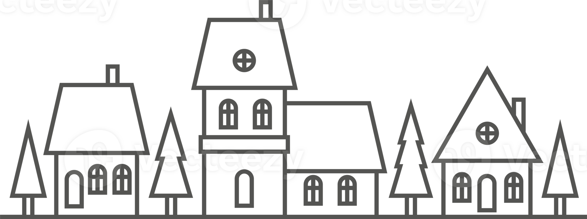 Winter village silhouette. Outline illustration of neighborhood skyline. Row of cute buildings and fur trees. Horizontal country scene. png