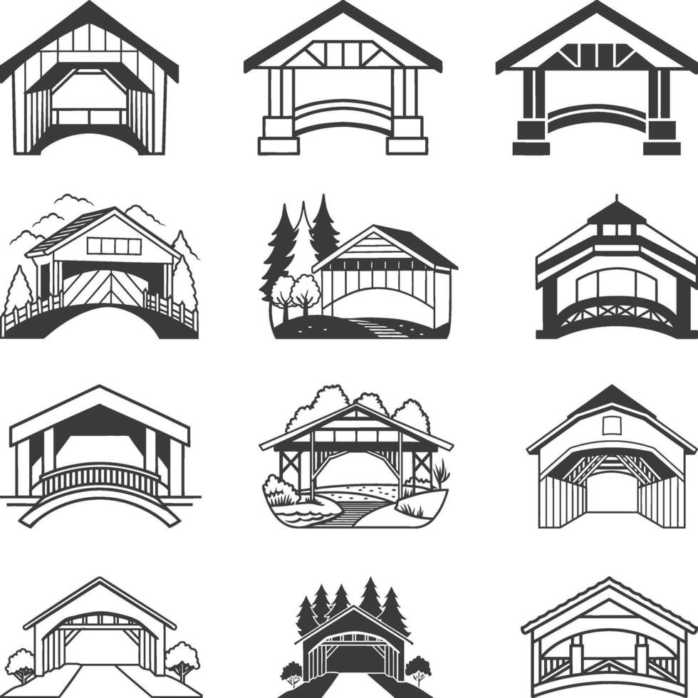 Covered Bridge Collection, Covered Bridge Icons Illustrations Silhouette vector