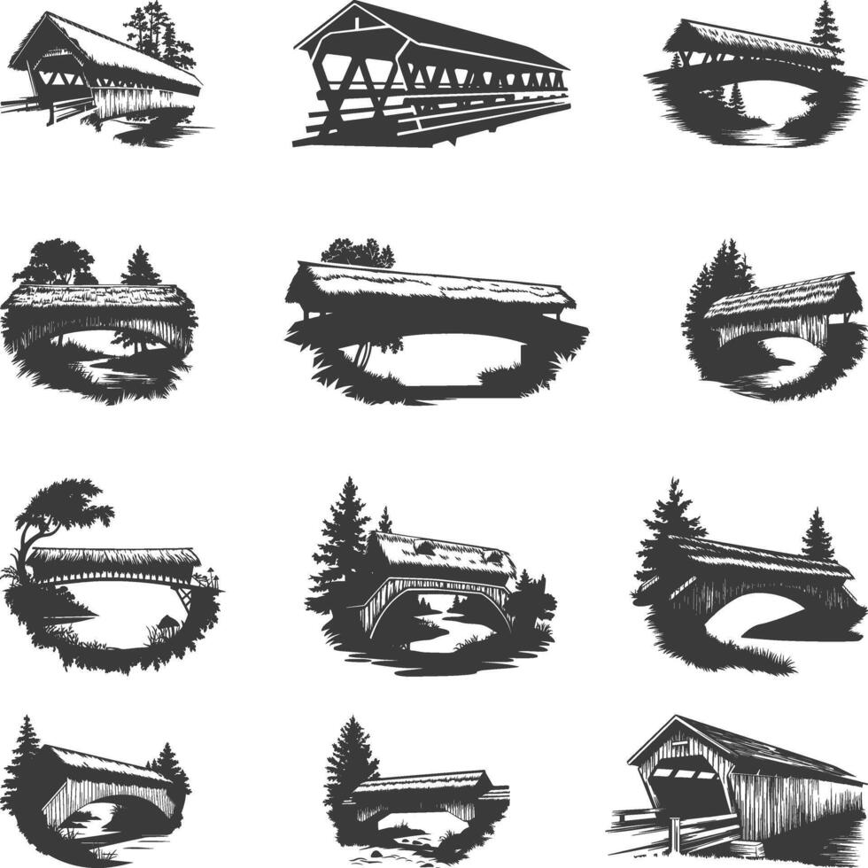 Set Covered Bridge Collection, Covered Bridge Icons, Covered Bridges Illustrations Silhouette vector