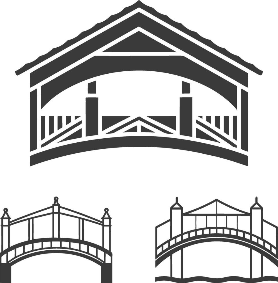 Different Types of Bridges, Bridge black silhouettes. Urban industrial architecture constructions, vector