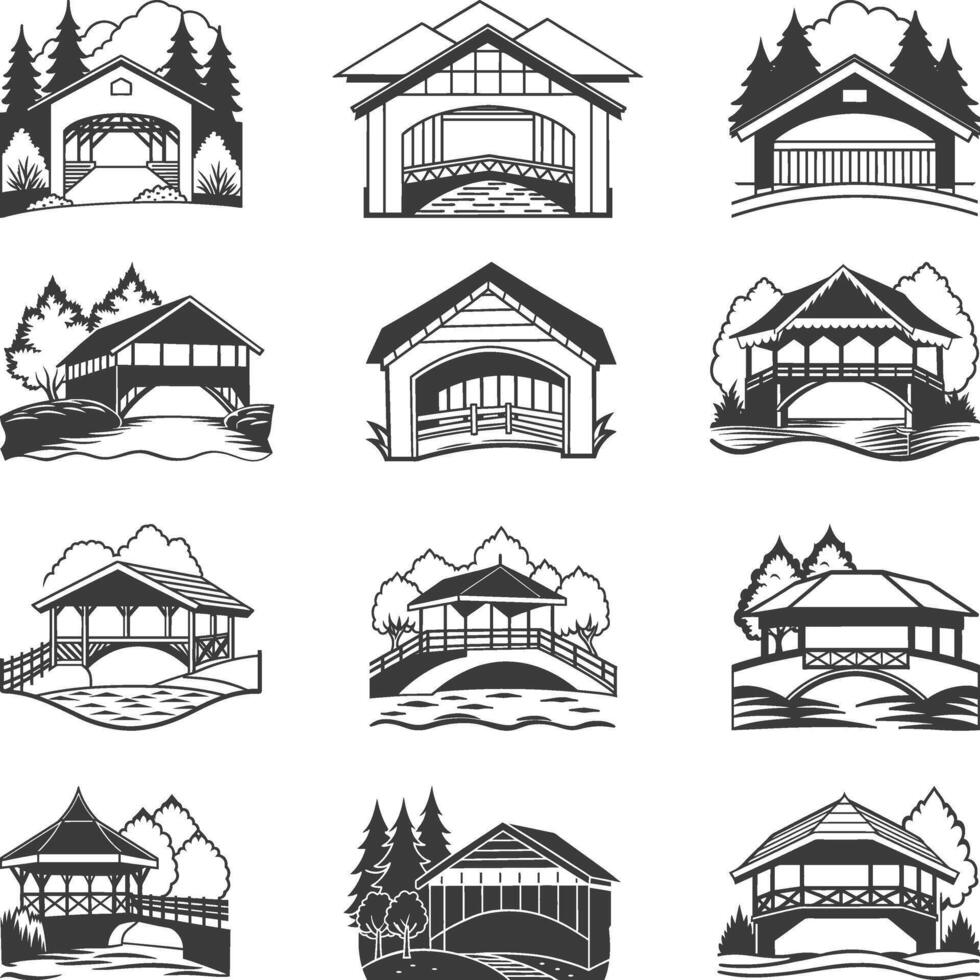 Covered Bridge Collection, Covered Bridge Icons, Covered Bridges Illustrations Silhouette vector