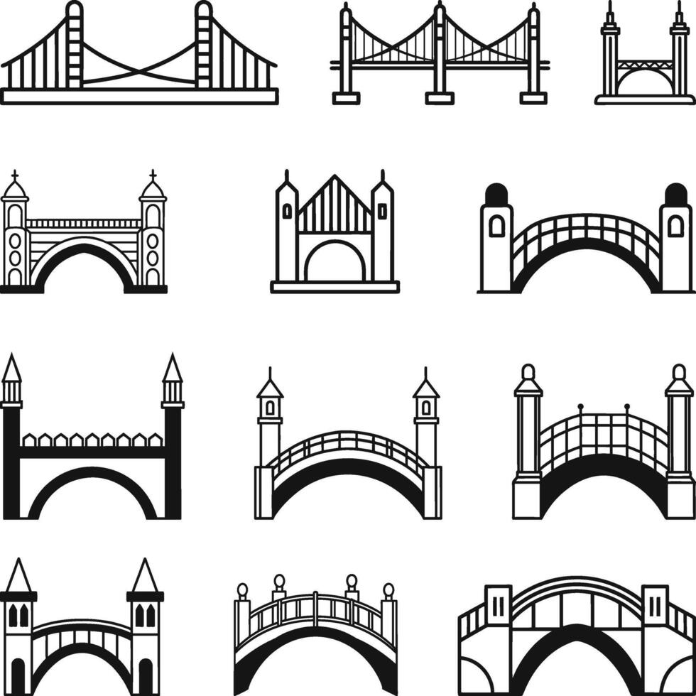 Bridge Icons Set black silhouettes. industrial architecture constructions. Different bridges icons Illustration vector