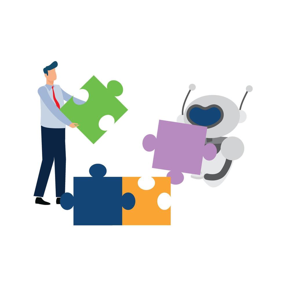 Businessman build a jigsaw puzzle together with a robot, Collaboration of personnel with artificial intelligence, Teamwork with AI, Development of innovation and new technology, vector