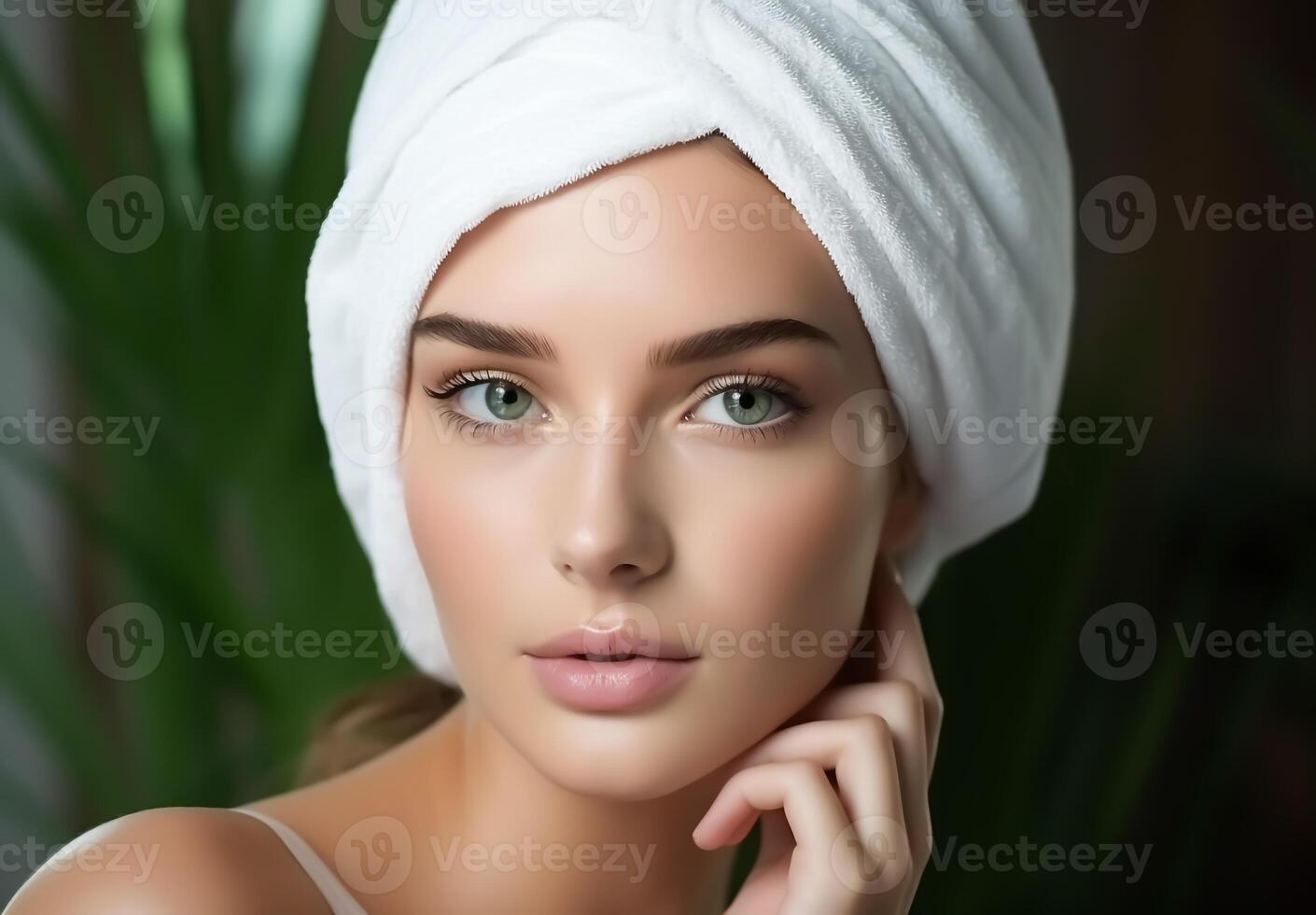 Woman looking with a white towel on her head photo