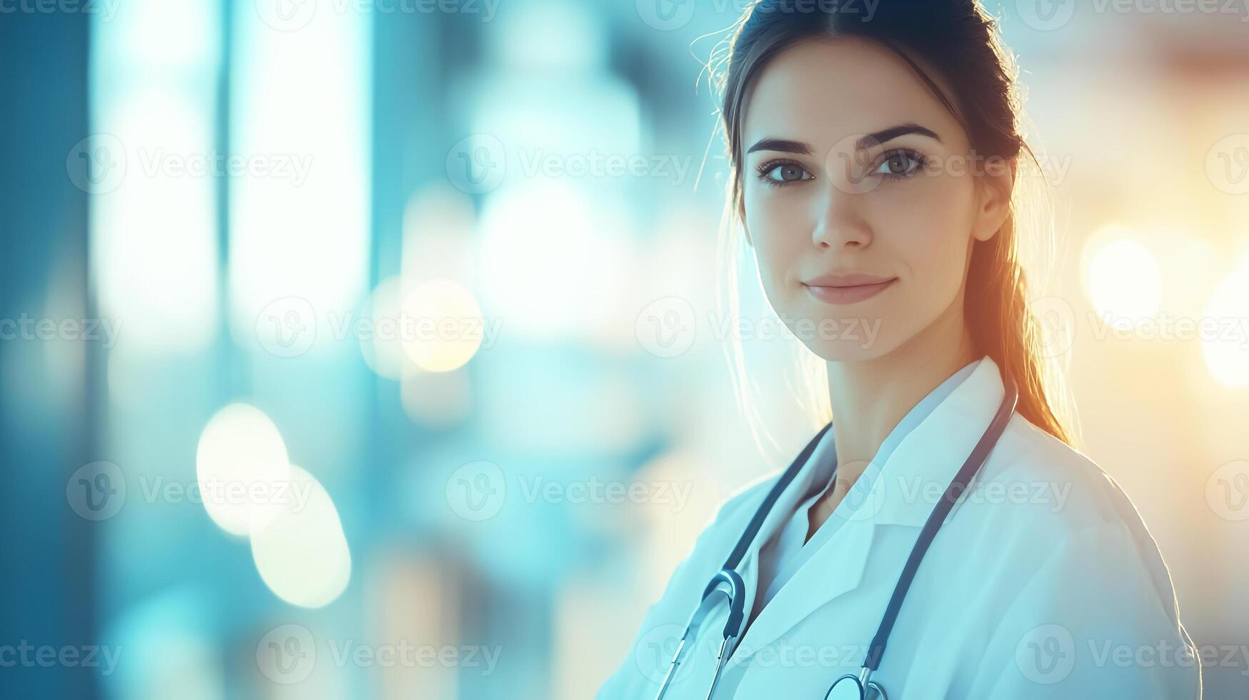 Portrait of a female doctor in lab coat and stethoscope. Concept of health and medicine photo