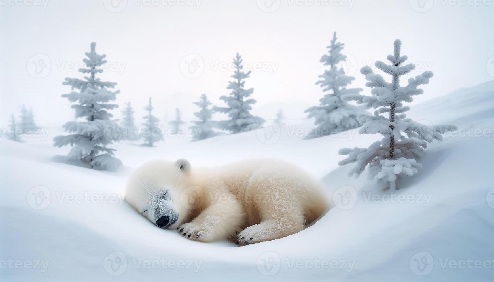 Baby polar bear sleeping peacefully on snowy landscape photo