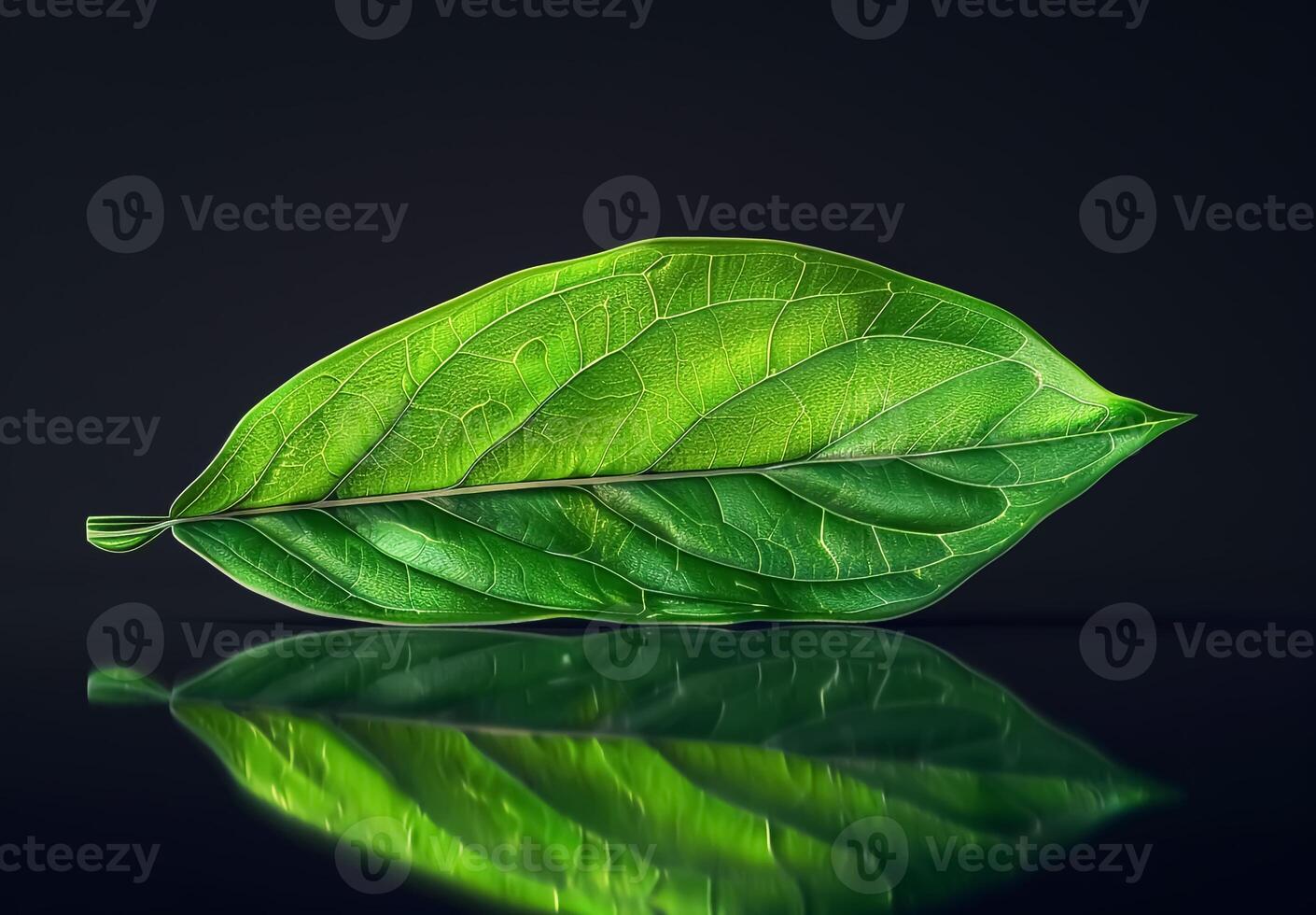 Green leaf on a reflective surface black background photo