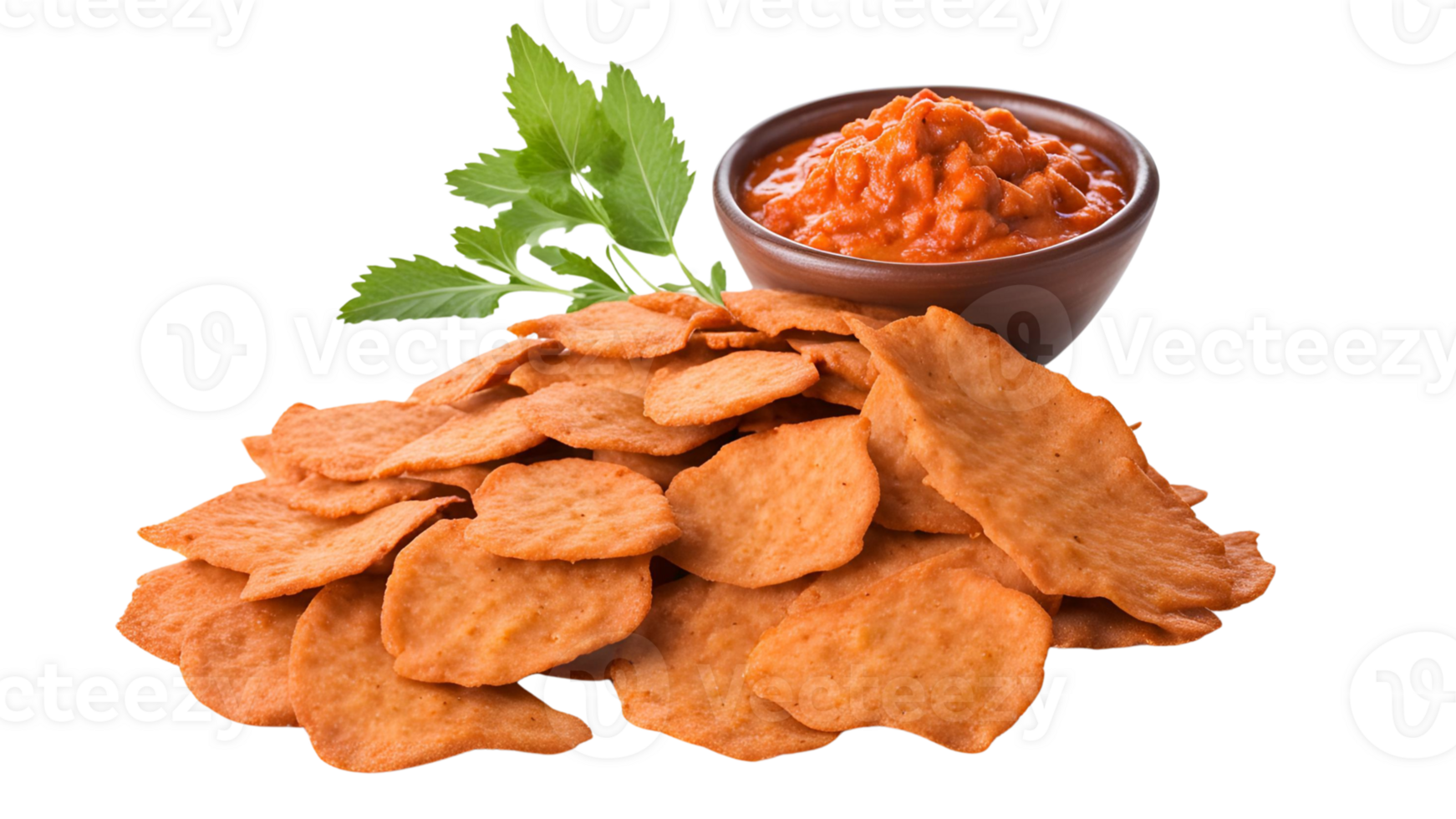Crispy Baked Sweet Potato Chips with Spicy Tomato Dip and Parsley Garnish png