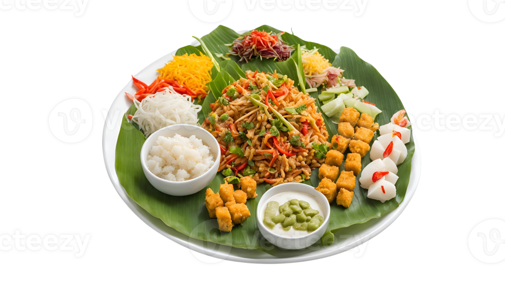 Delicious Asian Cuisine Platter Rice Noodles Tofu Vegetables Dips png