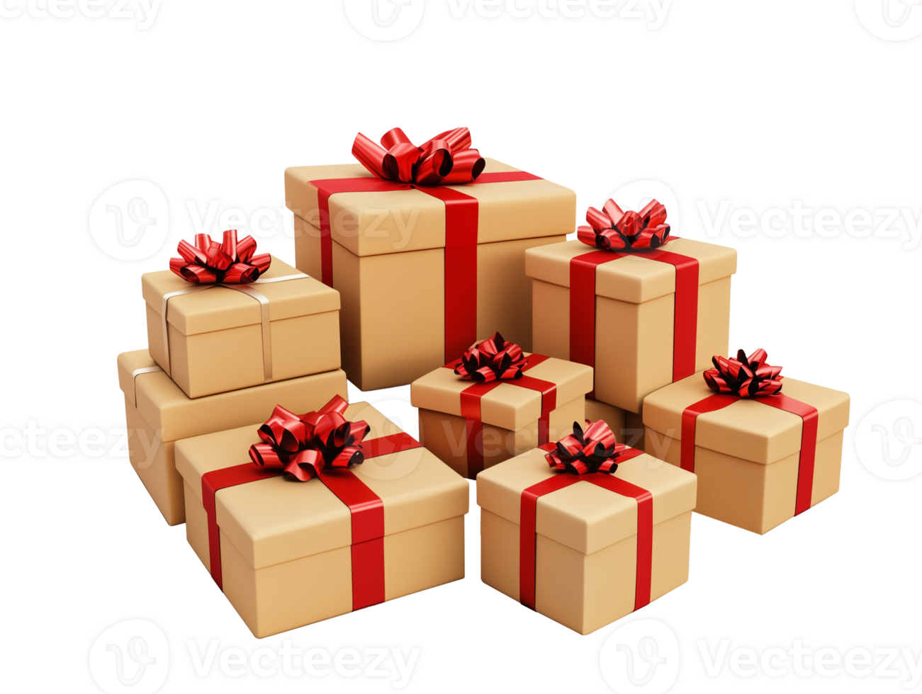 Pile of Gift boxes isolated on transparent background. Eco friendly craft holiday boxes with red bow. Suitable for Merry Christmas, New Year, Valentines Day and other greetings. png