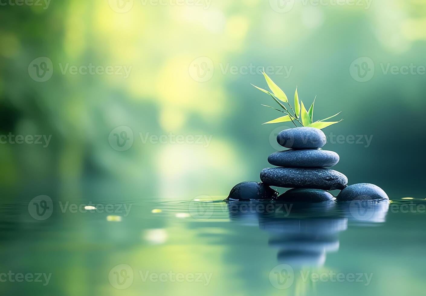 Green nature background for spa with balanced stones photo